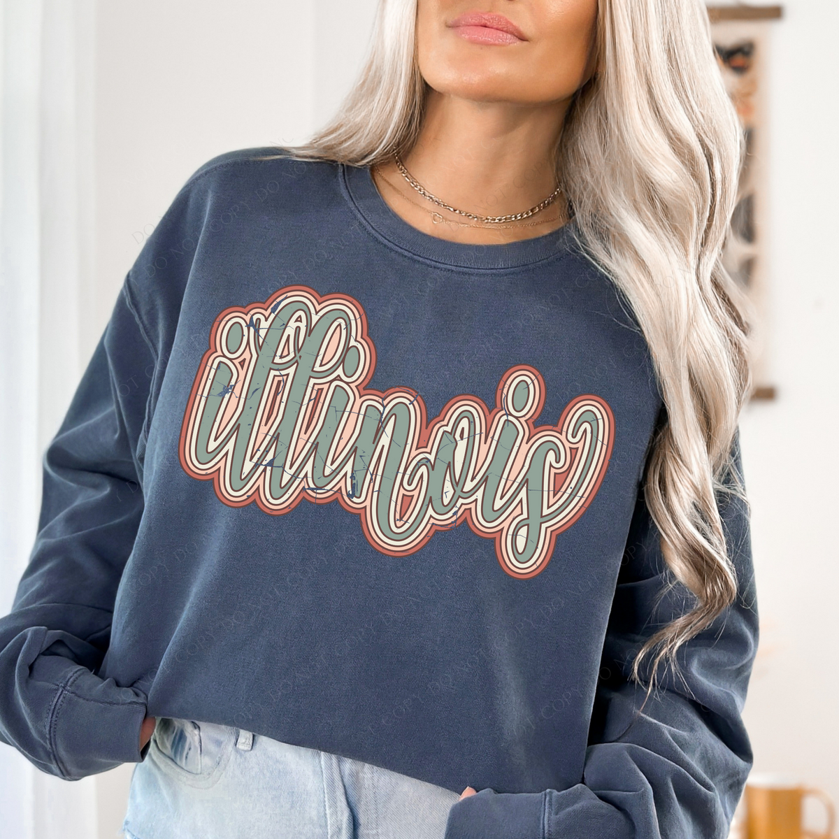 Illinois Boho Scroll Stacked Distressed in Muted Boho Colors Digital Design, PNG Only