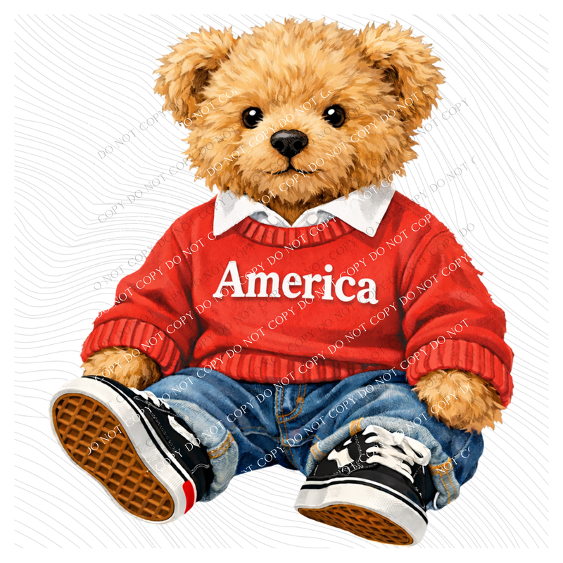 America Plush Preppy Bear in Red Digital Design, PNG