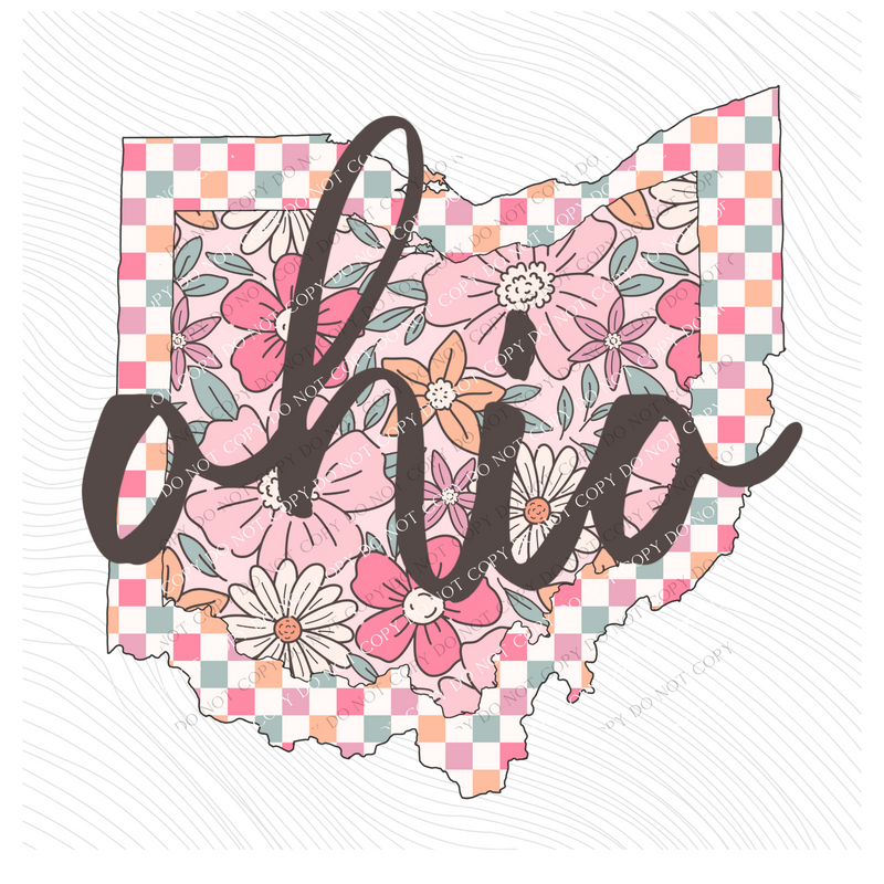 Ohio Checkered Floral in Summery Colors Digital Design, PNG