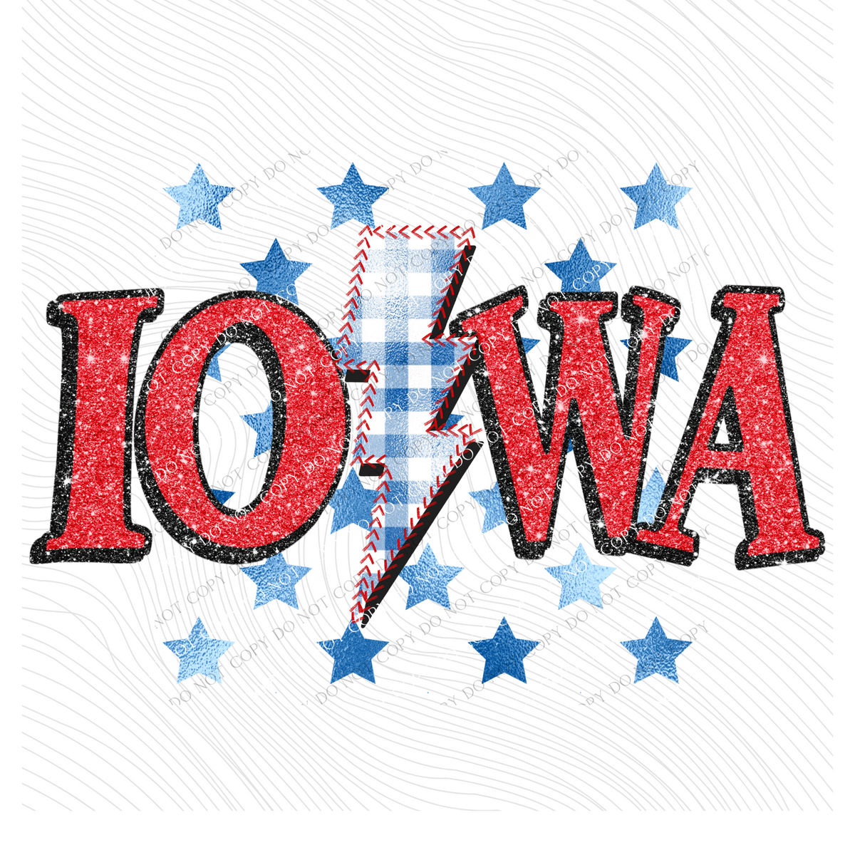 Iowa Glitter with Foil Stars & Gingham Stitched Bolt in Red, White & Blue Patriotic Digital Design, PNG