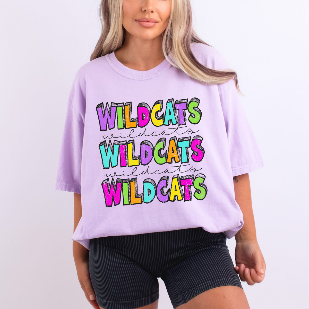 Wildcats Bubble Dot Stacked Script Distressed in Neons Digital Design, PNG