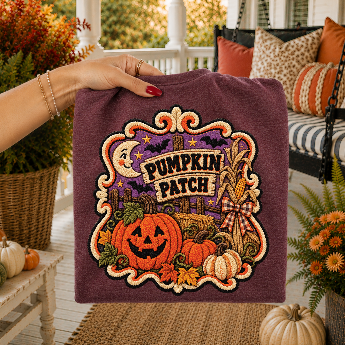 Pumpkin Patch Fall Faux Chenille Patch Digital Design, PNG