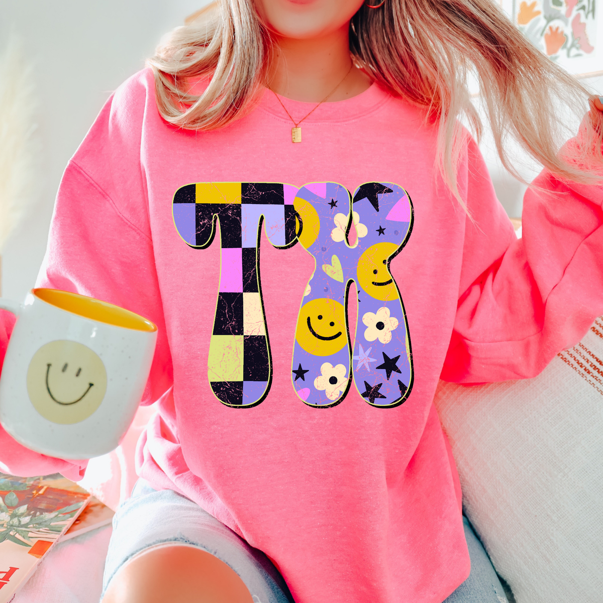 TX Texas Groovy Happy Neon Checkers Digital Design, PNG