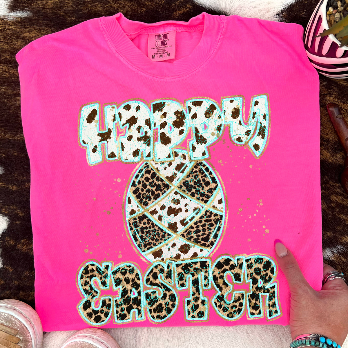 Happy Easter Turquoise Glow Gold Foil Western Leopard & Cow Print Digital Design, PNG Only