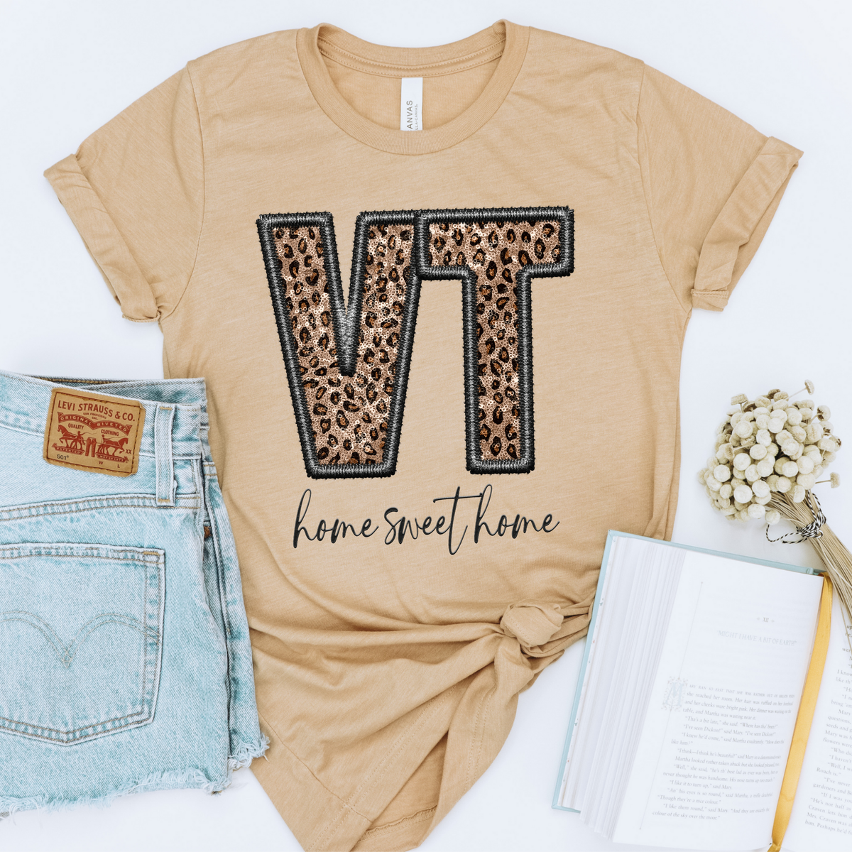 VT Vermont Faux Embroidery Leopard Sequin with separate Home Sweet Home Script in Black,  Digital Design, PNG