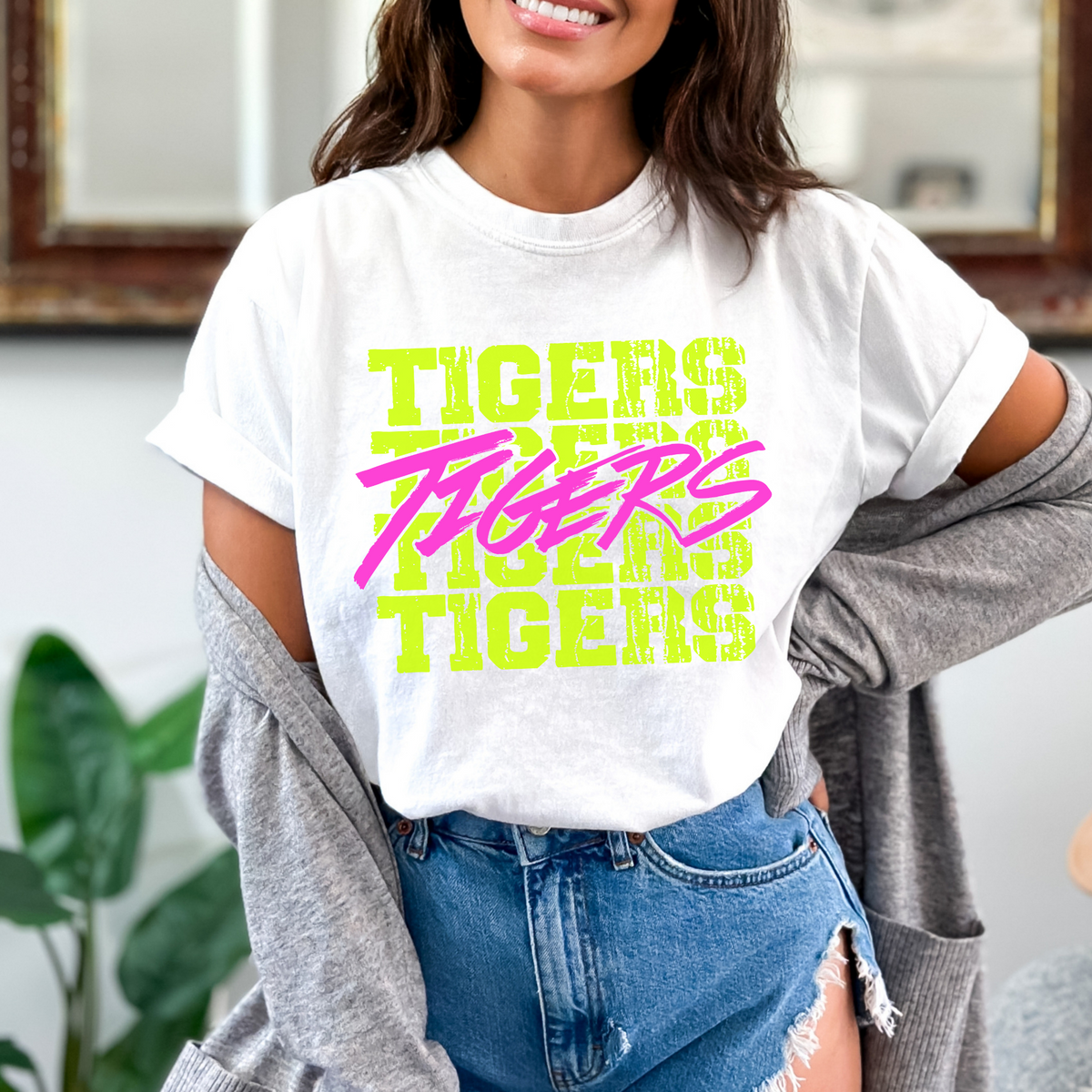Tigers Stacked Cutout Bright Yellow & Pink Digital Design, PNG