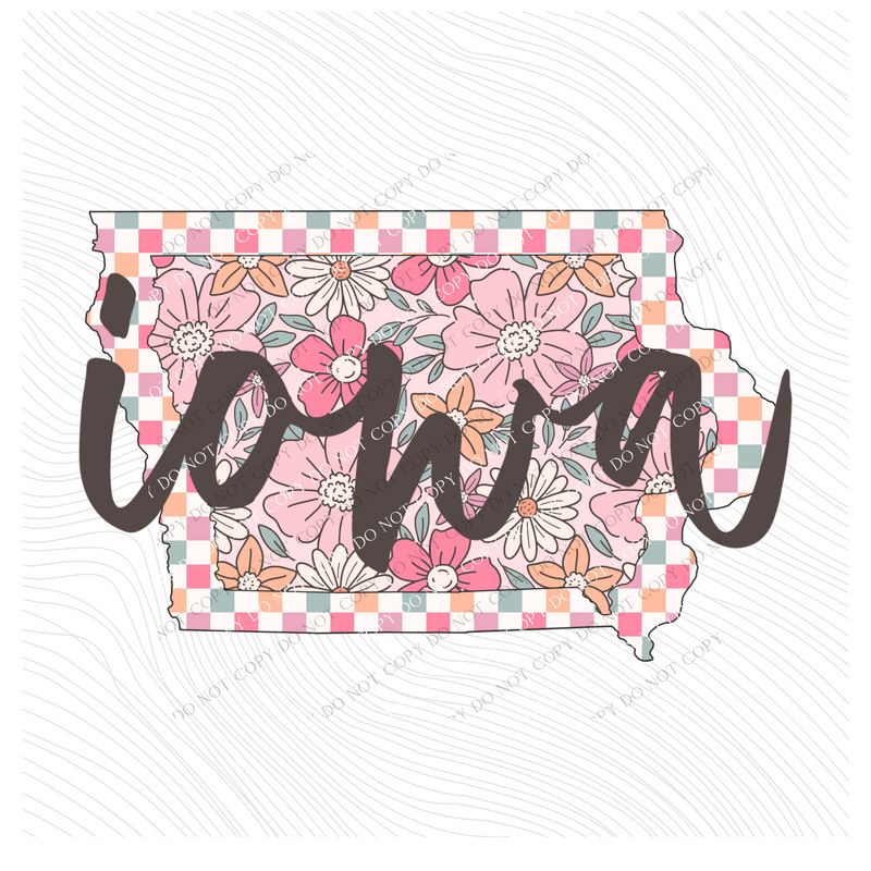 Iowa Checkered Floral in Summery Colors Digital Design, PNG