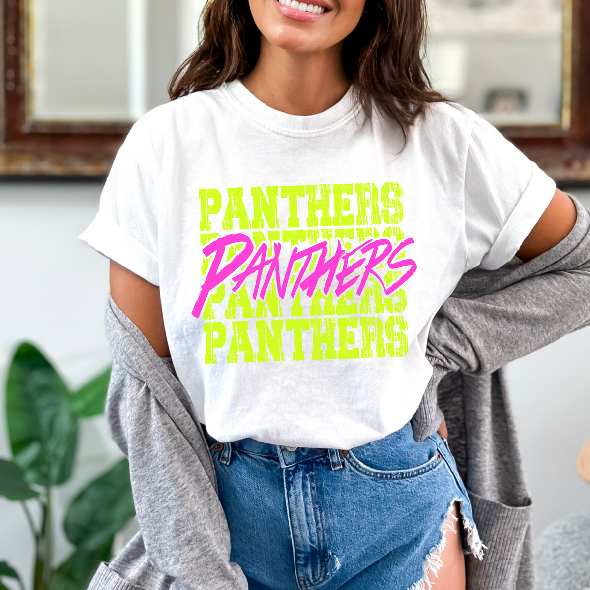 Panthers Stacked Cutout Bright Yellow & Pink Digital Design, PNG
