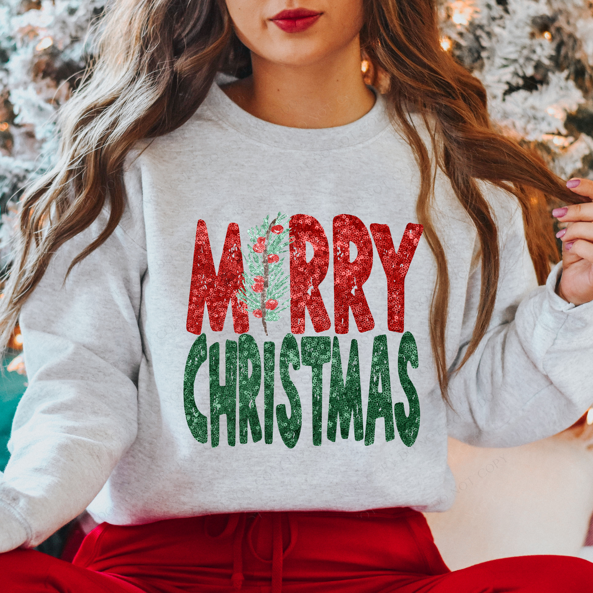 Merry Christmas Faux Sequin Distressed Holly Red Green PNG, Digital Download