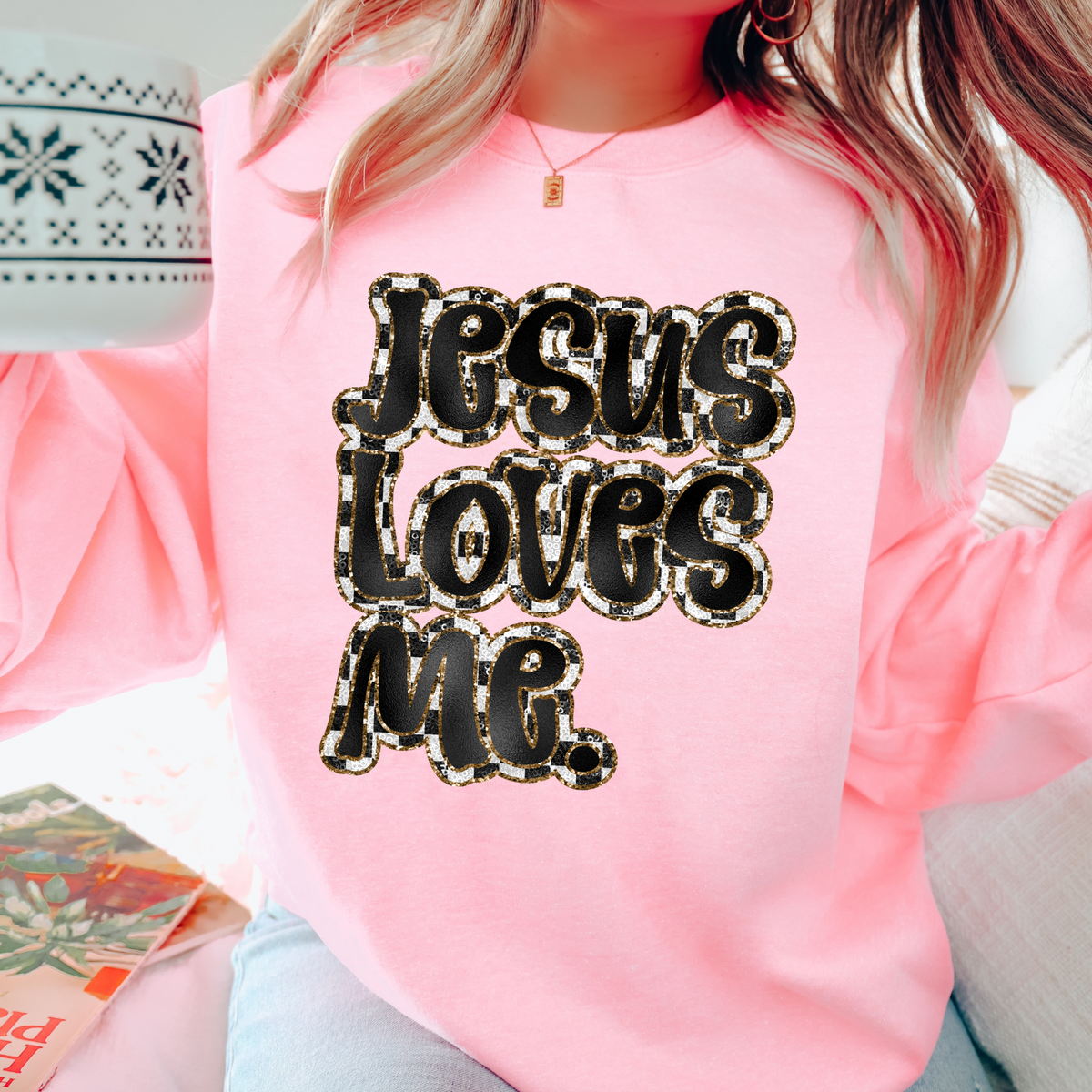 Jesus Loves Me. Sequin Checkers with Glitter & Foil Digial Design, PNG