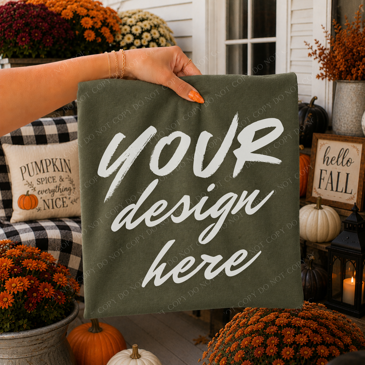 Fall Mums Porch Blank Sweatshirt Mockup, Gildan 18000 Military Green
