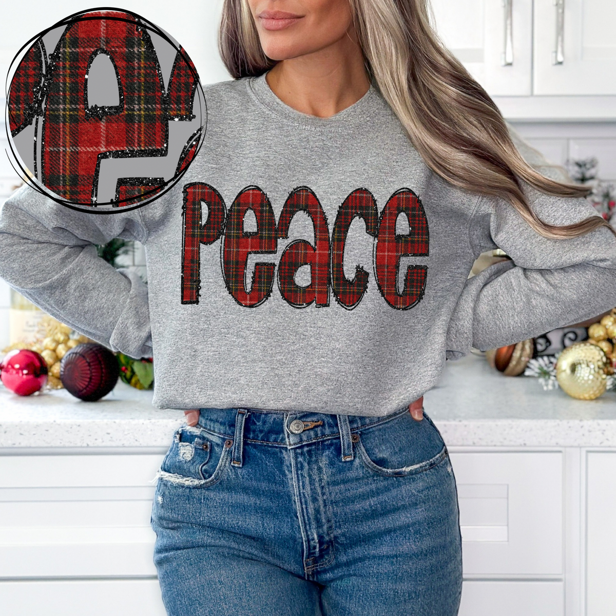 Peace Glitter & Red Plaid Digital Download, PNG