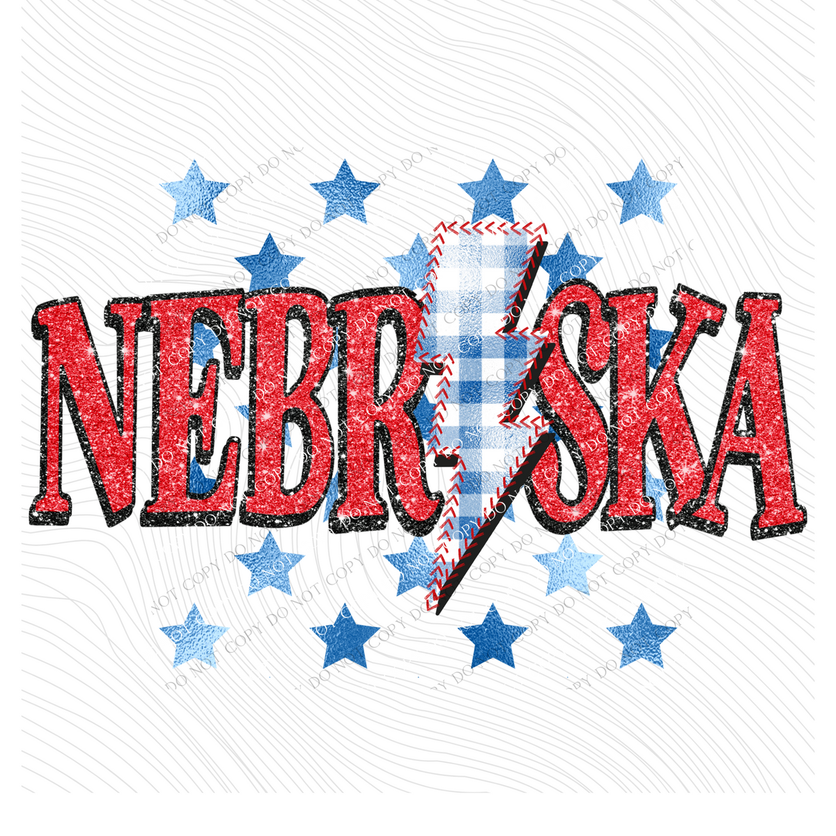 Nebraska Glitter with Foil Stars & Gingham Stitched Bolt in Red, White & Blue Patriotic Digital Design, PNG