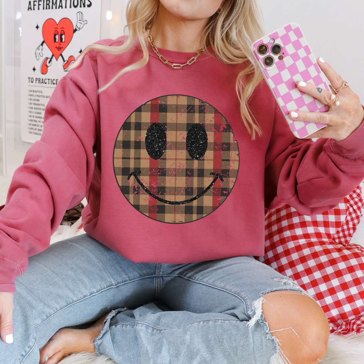 All Smiles Burb Plaid & Glitter Distressed Digital Design, PNG