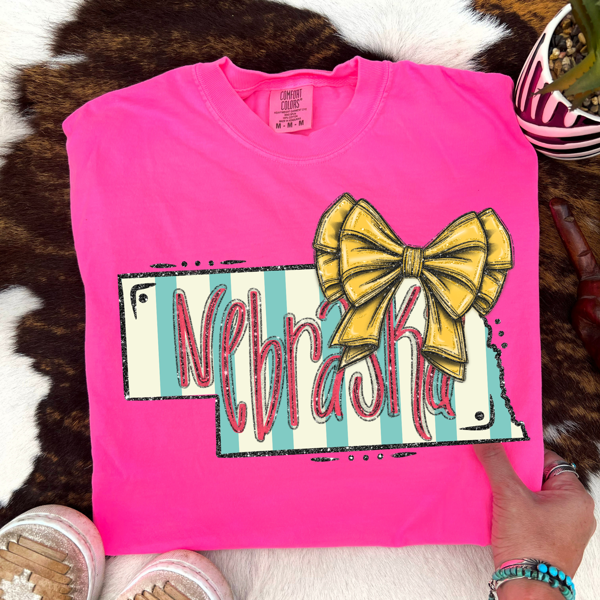 Nebraska Glitter Bow & Stripes Coquette Digital Design, PNG