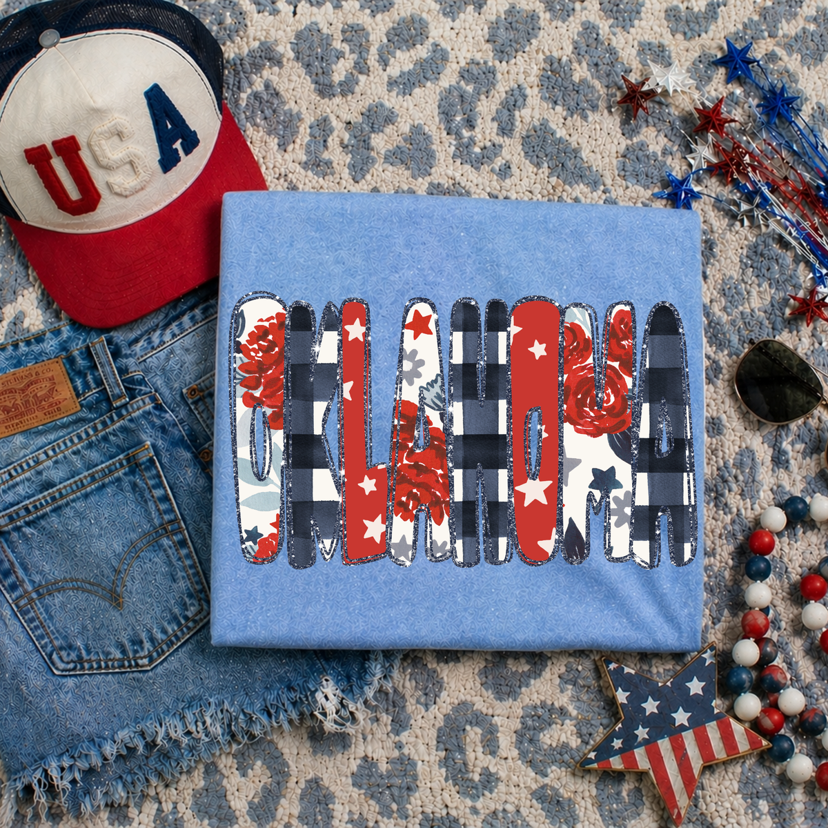 Oklahoma Glitter, Floral, Gingham & Stars Patriotic Digital Design, PNG