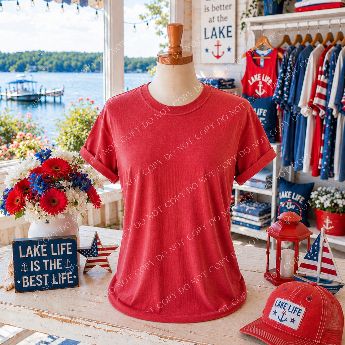 Patriotic Lake Side Blank Mockup, Comfort Colors Red