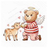 Baby Calf & Whimsy Bear Valentine’s Sketch Digital Design, PNG
