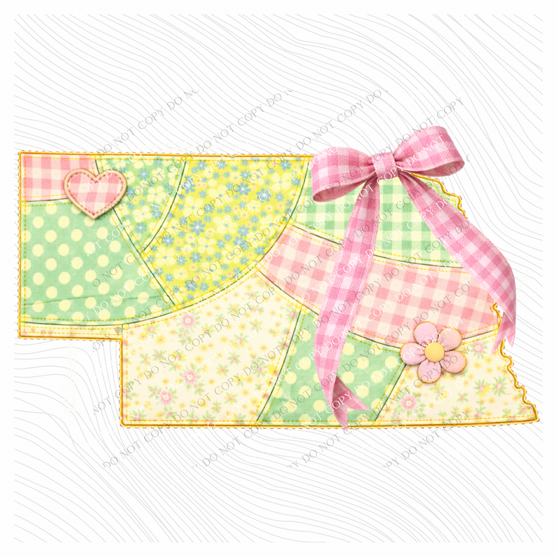 Nebraska Spring Tones Quilted Faux State Patch with Bow Digital Design, PNG