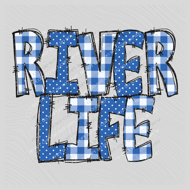 River Life Doodle Gingham, Dots & Glitter in Blue Digital Design, PNG