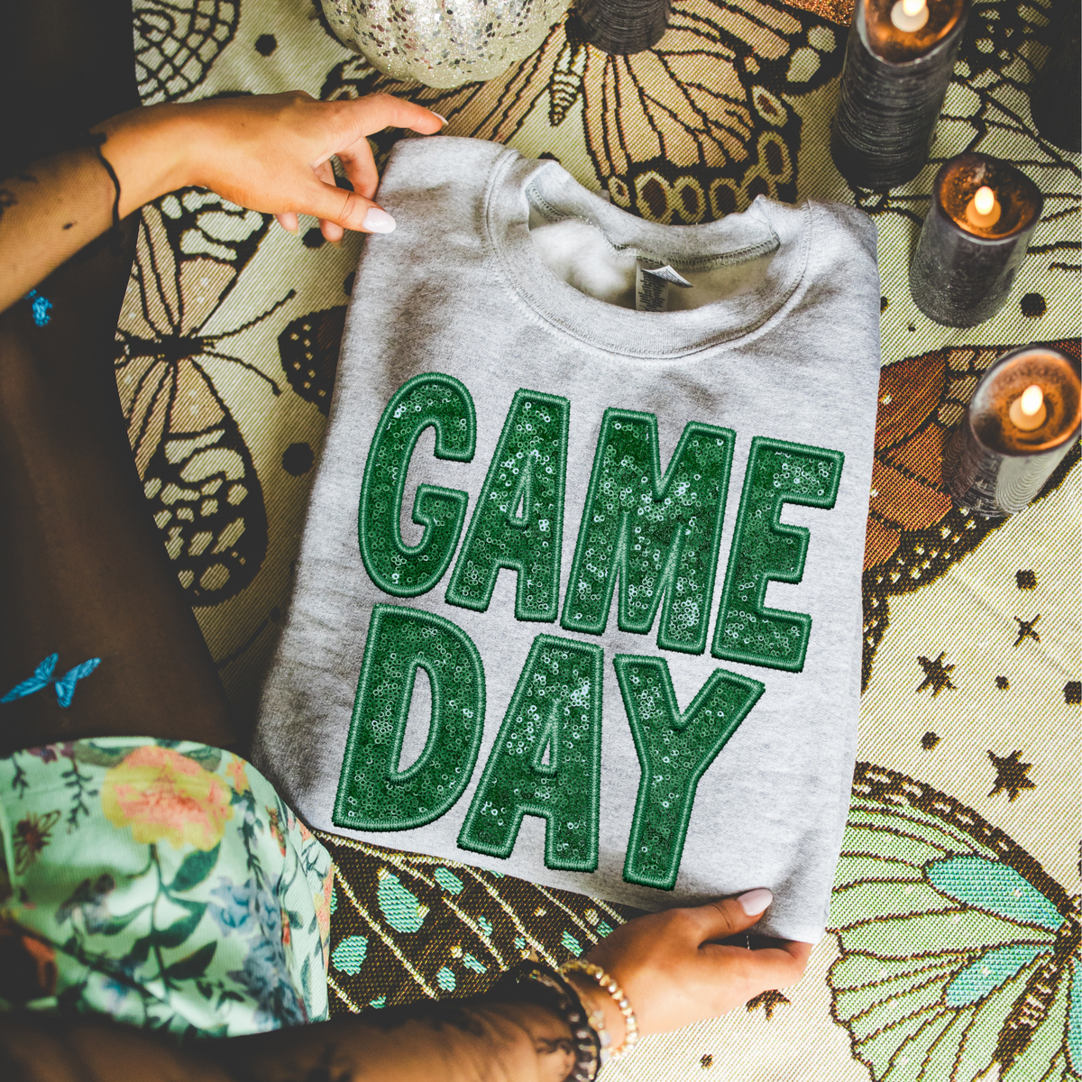 Game Day Faux Embroidery Sequin in Green Digital Design, PNG