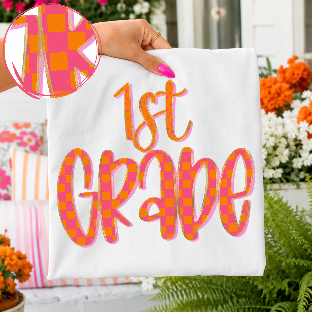 1st Grade Checkers, Dots & Foil in Orange and Pink Digital Design, PNG
