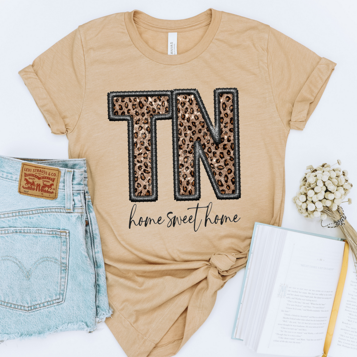 TN Tennessee Embroidery Leopard Sequin with separate Home Sweet Home Script in Black,  Digital Design, PNG