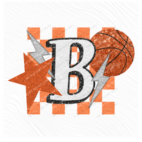 Basketball Checkered Glitter Star & Stitched Bolt with Sequin Ball in Orange & White Digital Design, PNG
