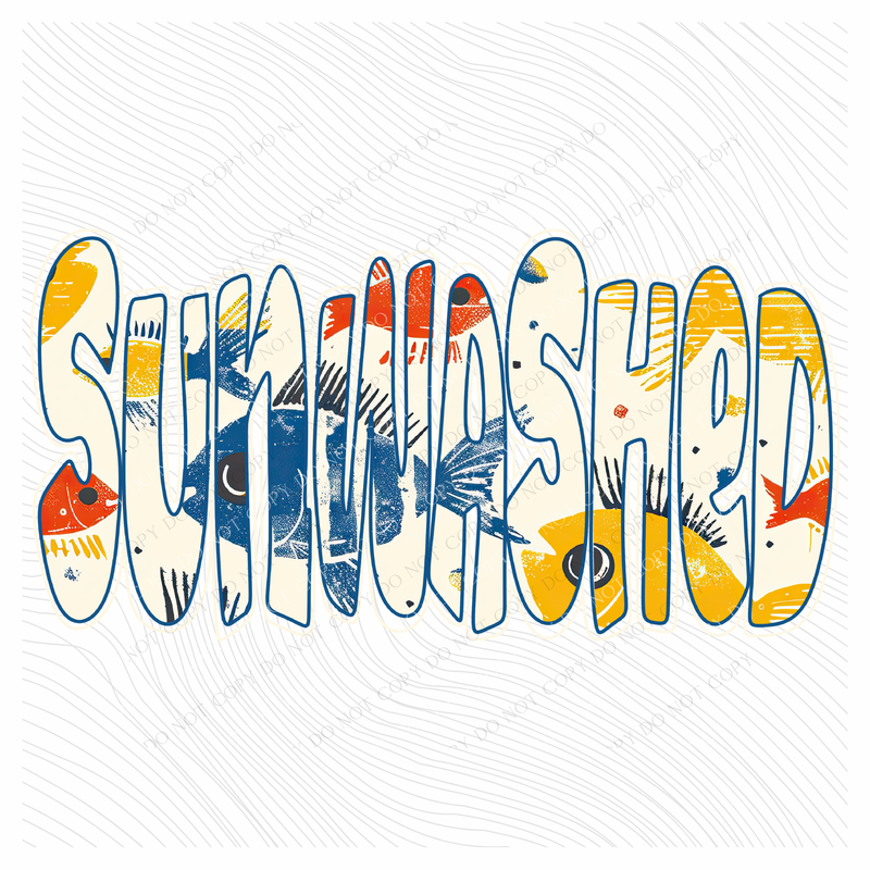 Sunwashed Colorful Fish Doodle Outline Digital Design, PNG