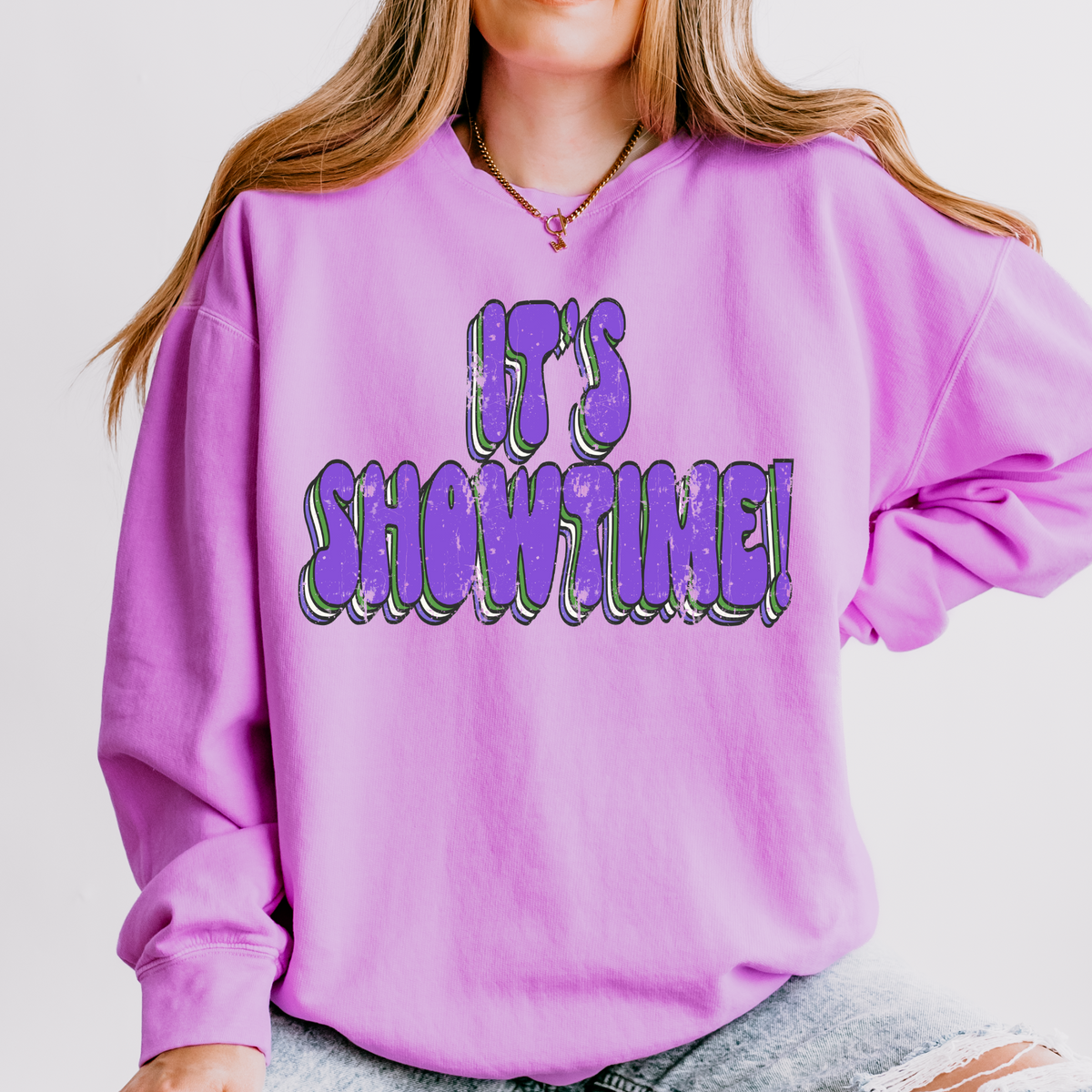 It’s Showtime! Groovy Stacked Distressed Digital Design in Purple, Green & White, PNG