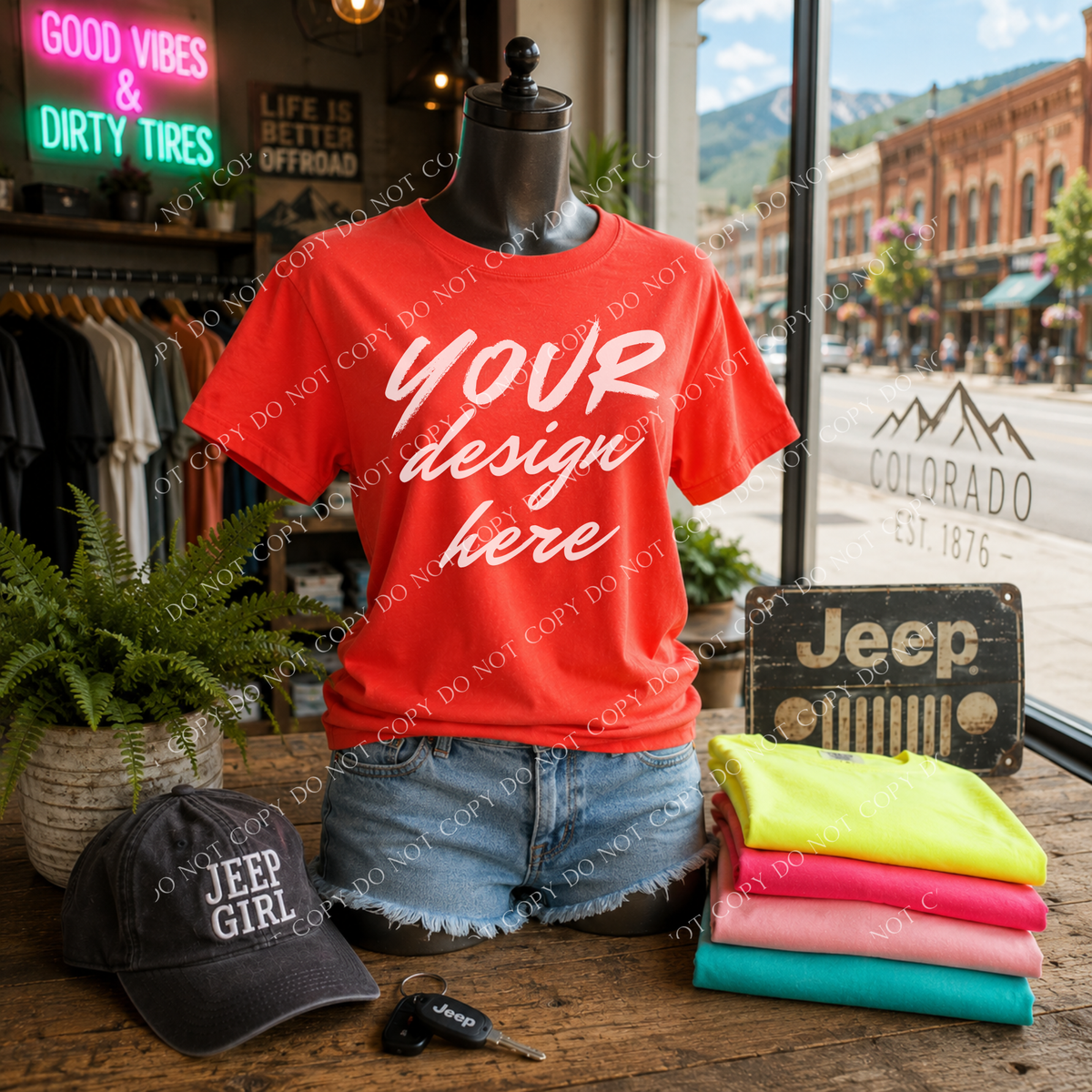Jeep Girl Blank Mockup, Comfort Colors 1717 Neon Red Orange