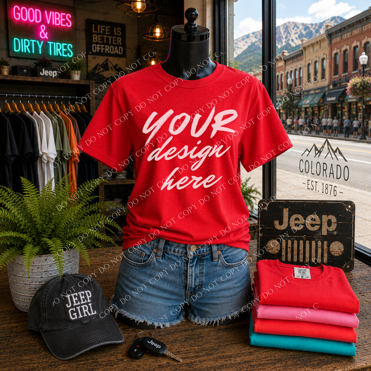 Jeep Girl Blank Mockup, Comfort Colors 1717 Red