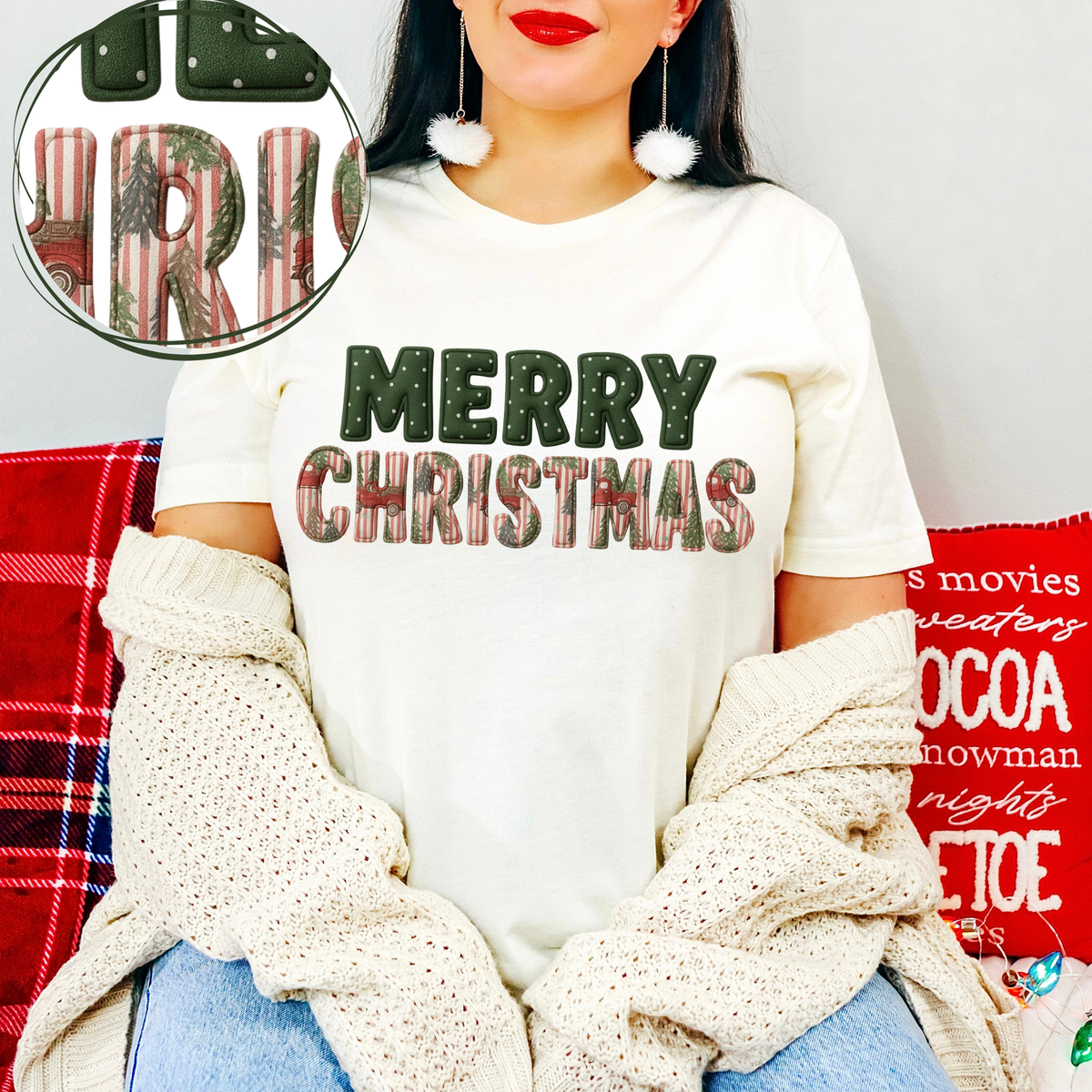 Merry Christmas Stripes, Trucks & Dots 3D Faux Fabric Patch Digital Design, PNG