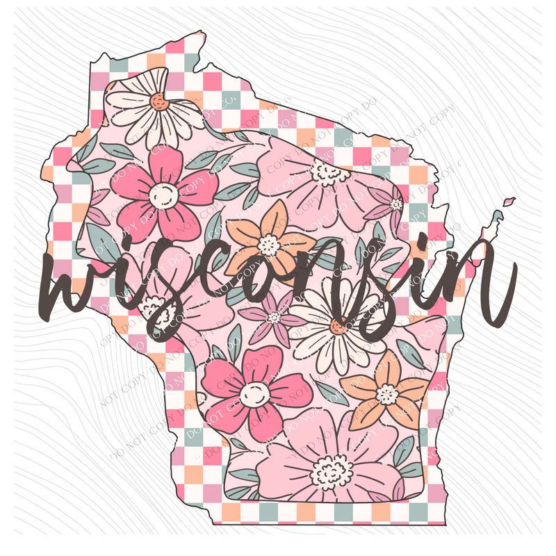 Wisconsin Checkered Floral in Summery Colors Digital Design, PNG