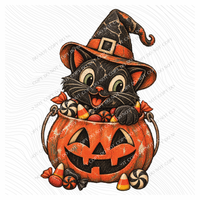 Cute Cat in Pumpkin Bucket Vintage Sketch Digital Design, PNG