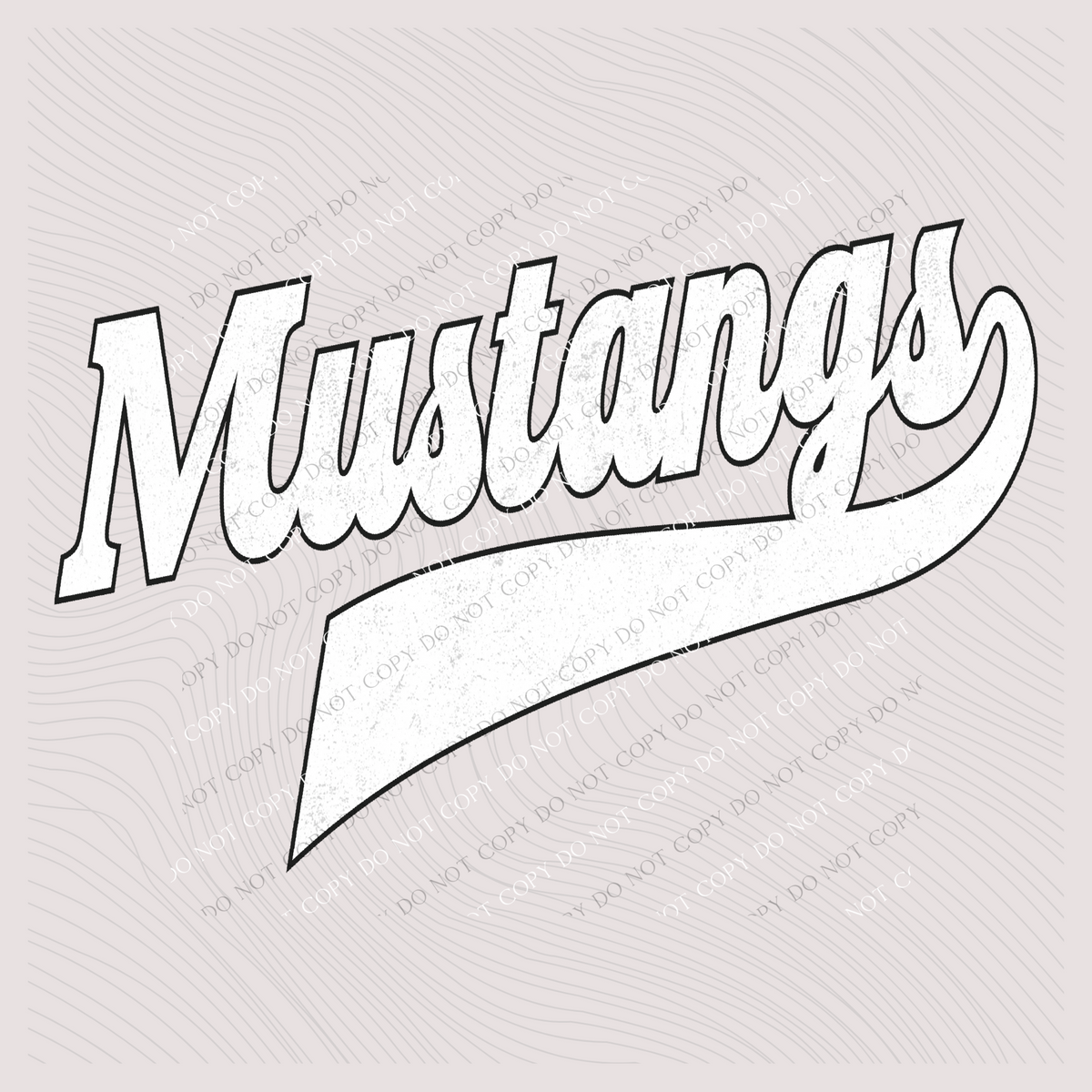 Mustangs Aged Old School Digital Design in White with Black Outline, PNG