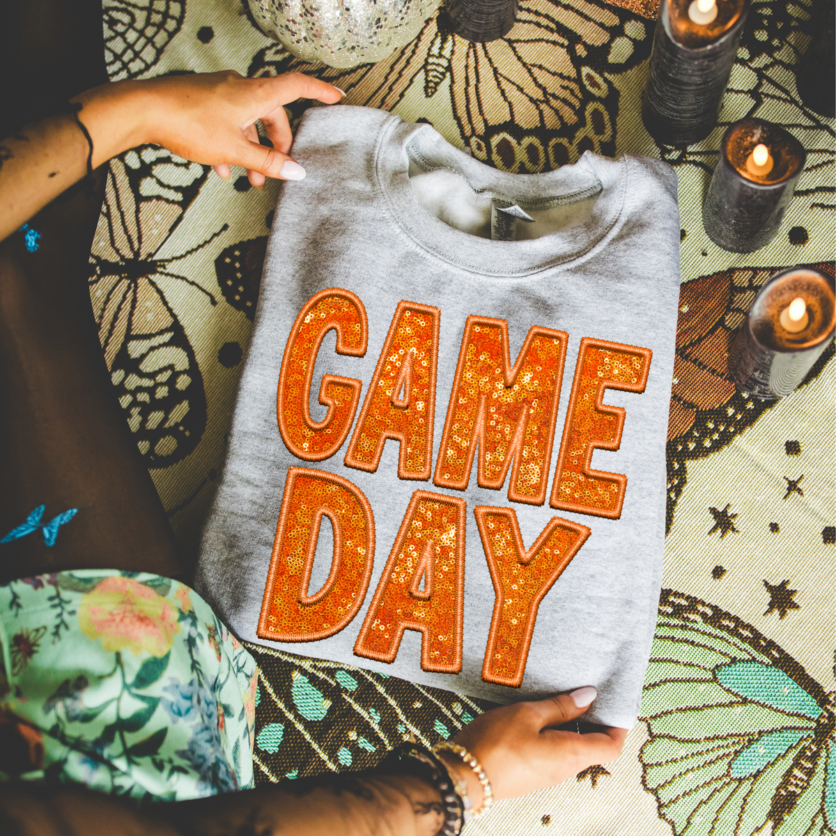 Game Day Faux Embroidery Sequin in Orange Digital Design, PNG