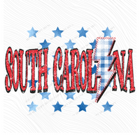 South Carolina Glitter with Foil Stars & Gingham Stitched Bolt in Red, White & Blue Patriotic Digital Design, PNG
