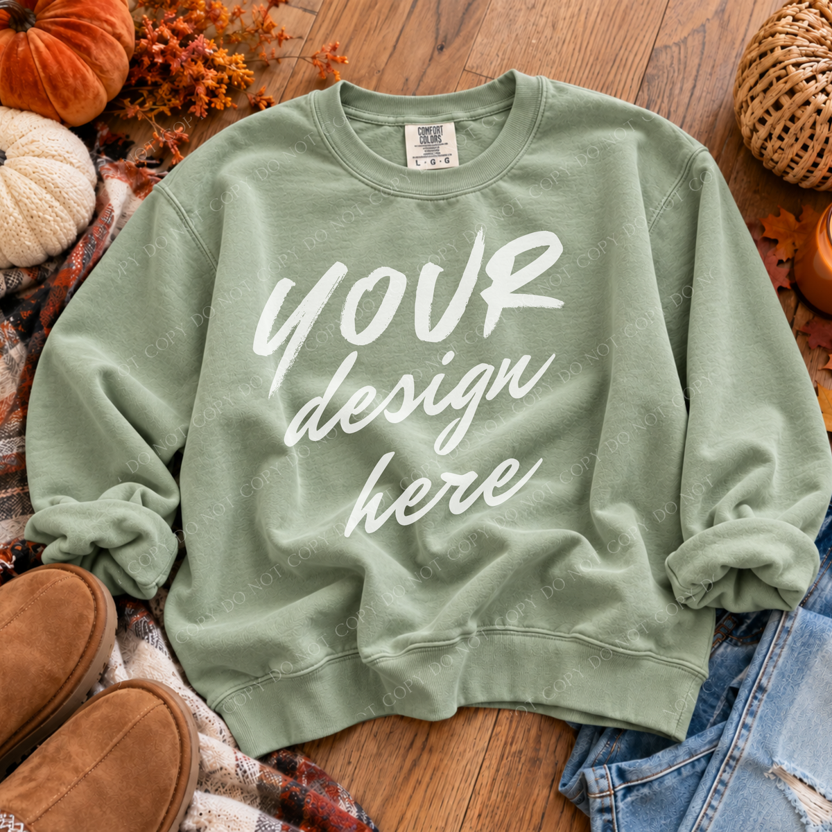 Fall Sweatshirt Flatlay Mockup, Comfort Colors 1717 Light Green