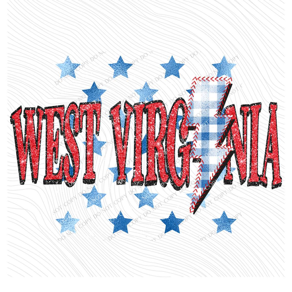 West Virginia Glitter with Foil Stars & Gingham Stitched Bolt in Red, White & Blue Patriotic Digital Design, PNG