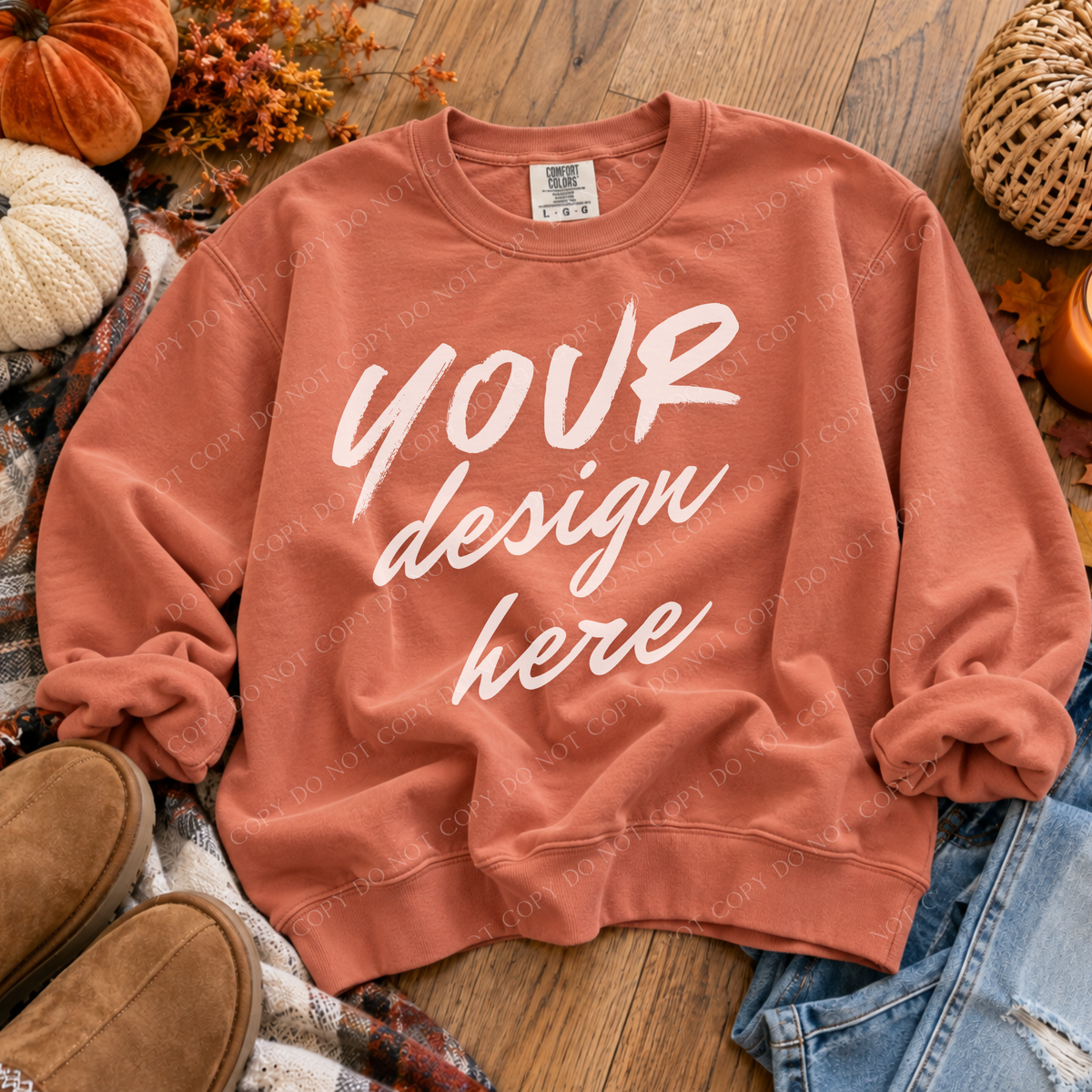 Fall Sweatshirt Flatlay Mockup, Comfort Colors 1717 Terracotta