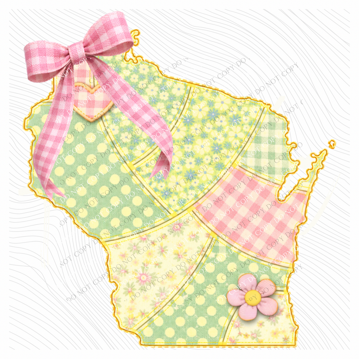 Wisconsin Spring Tones Quilted Faux State Patch with Bow Digital Design, PNG