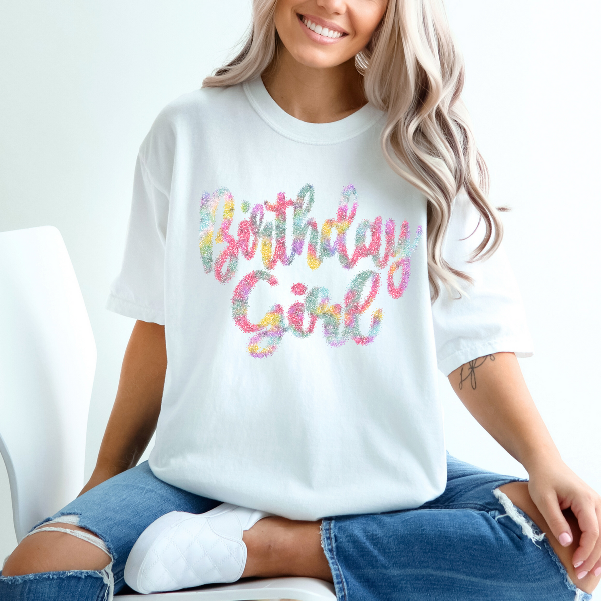 Birthday Girl Tinsel Script Multi Colored Digital Design, PNG