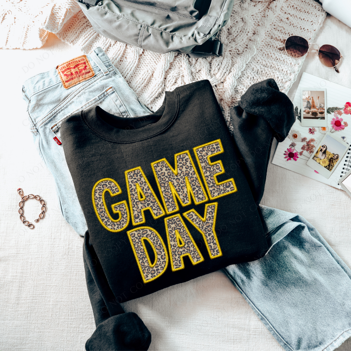 Game Day Leopard Embroidery & Script in Yellow and Leopard Digital Design, PNG
