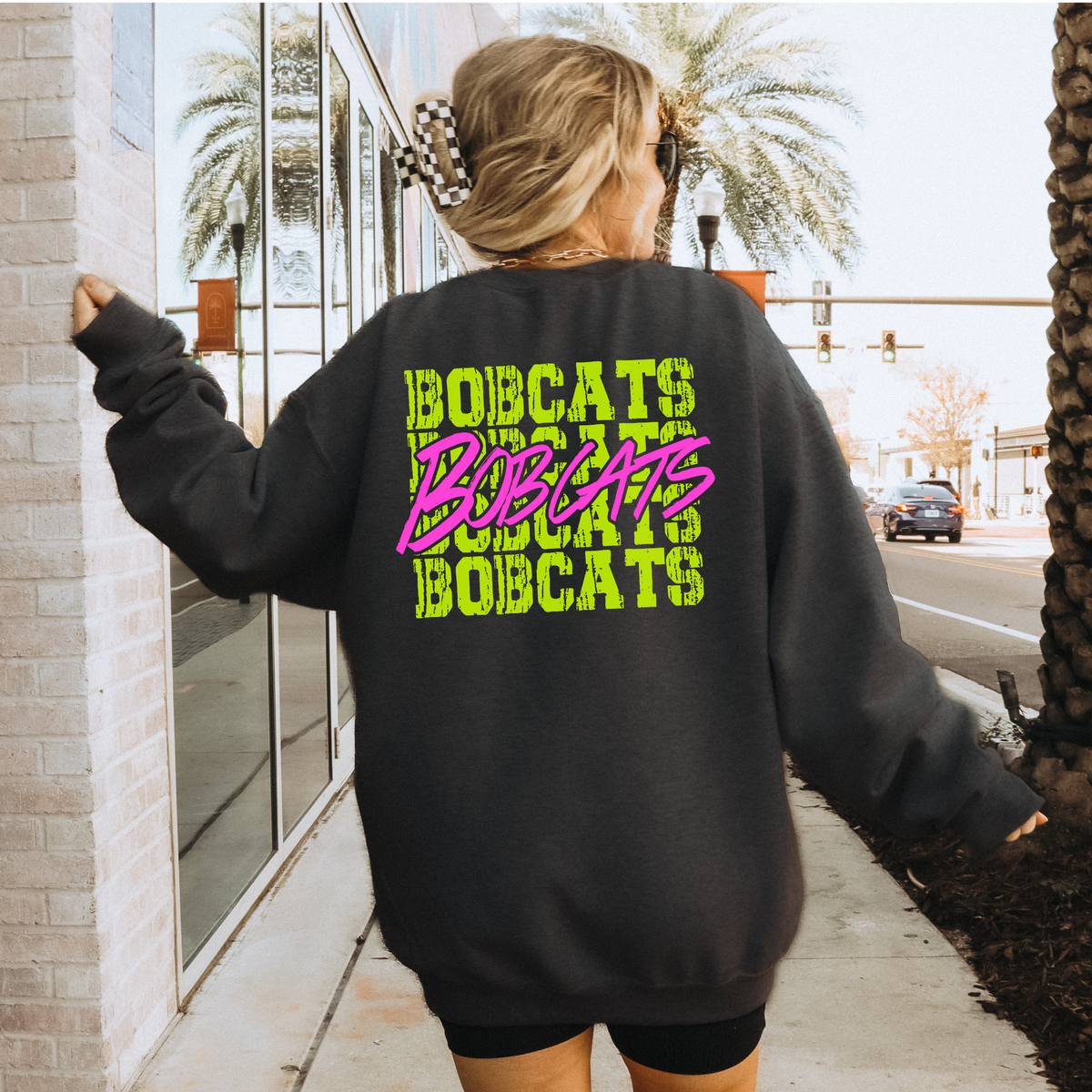 Bobcats Stacked Cutout Bright Yellow & Pink Digital Design, PNG