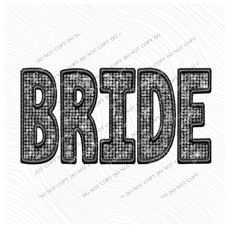 Bride Faux Embroidery Diamonds Bling in Black Digital Design, PNG