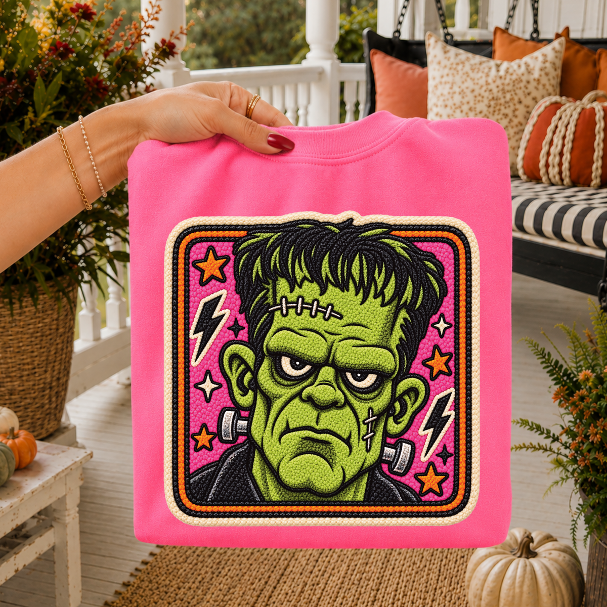 Frankenstein Halloween Faux Chenille Patch Digital Design, PNG