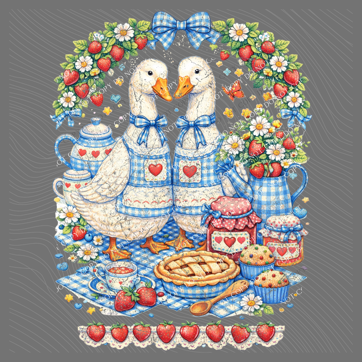 Strawberry Gingham Goose Distressed Digital Design, PNG