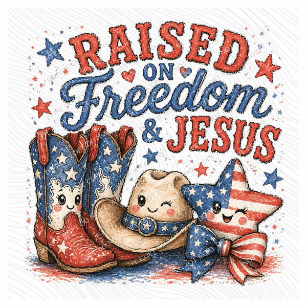 Raised on Freedom & Jesus Western Characters Patriotic Digital Design, PNG