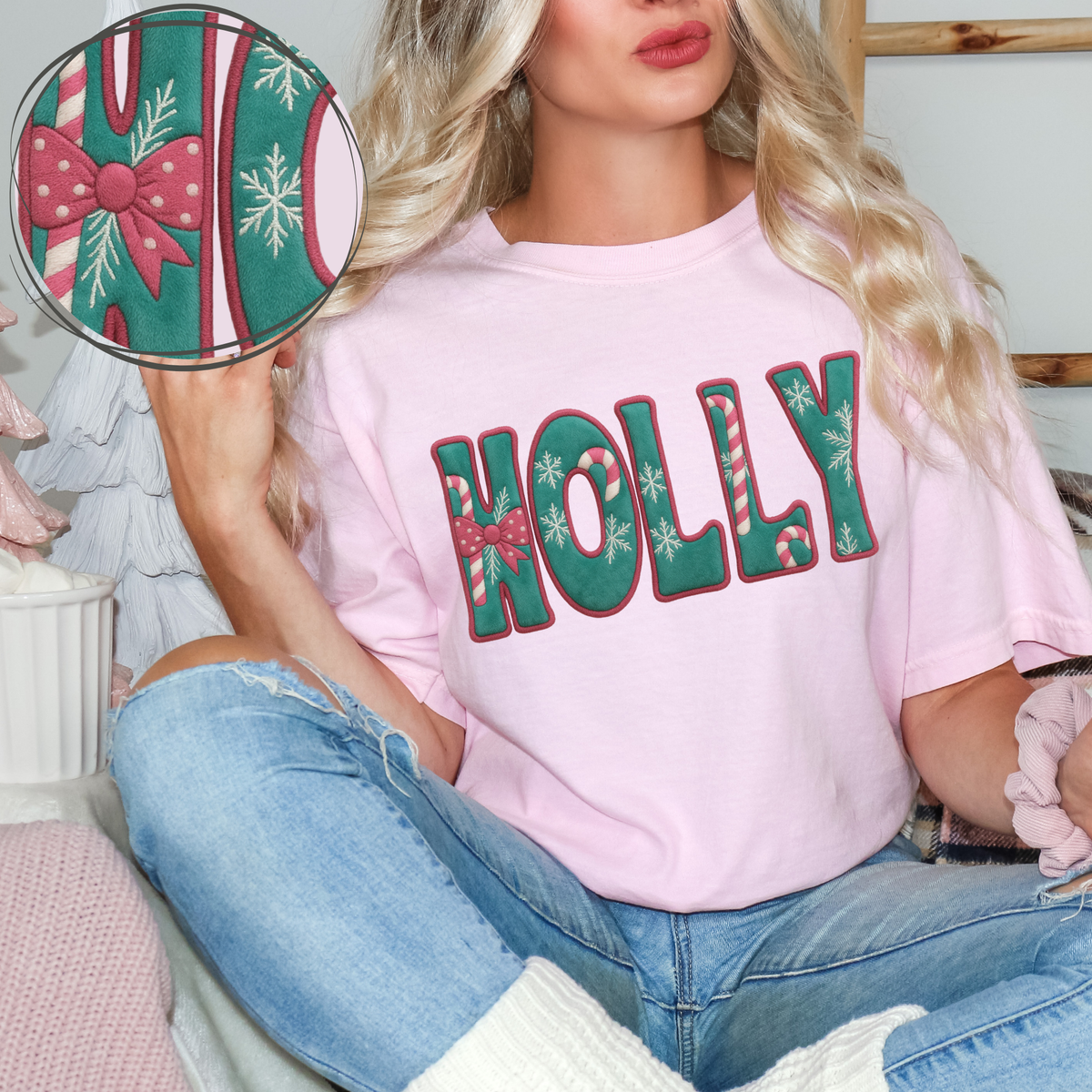 Holly Aqua & Pink 3D Embroidered Plush Christmas Digital Design, PNG